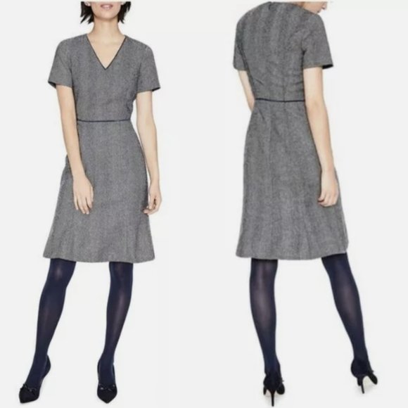 BODEN British Tweed Herringbone Dress Albony Wool Short Sleeve Knee Length Navy - Picture 1 of 7